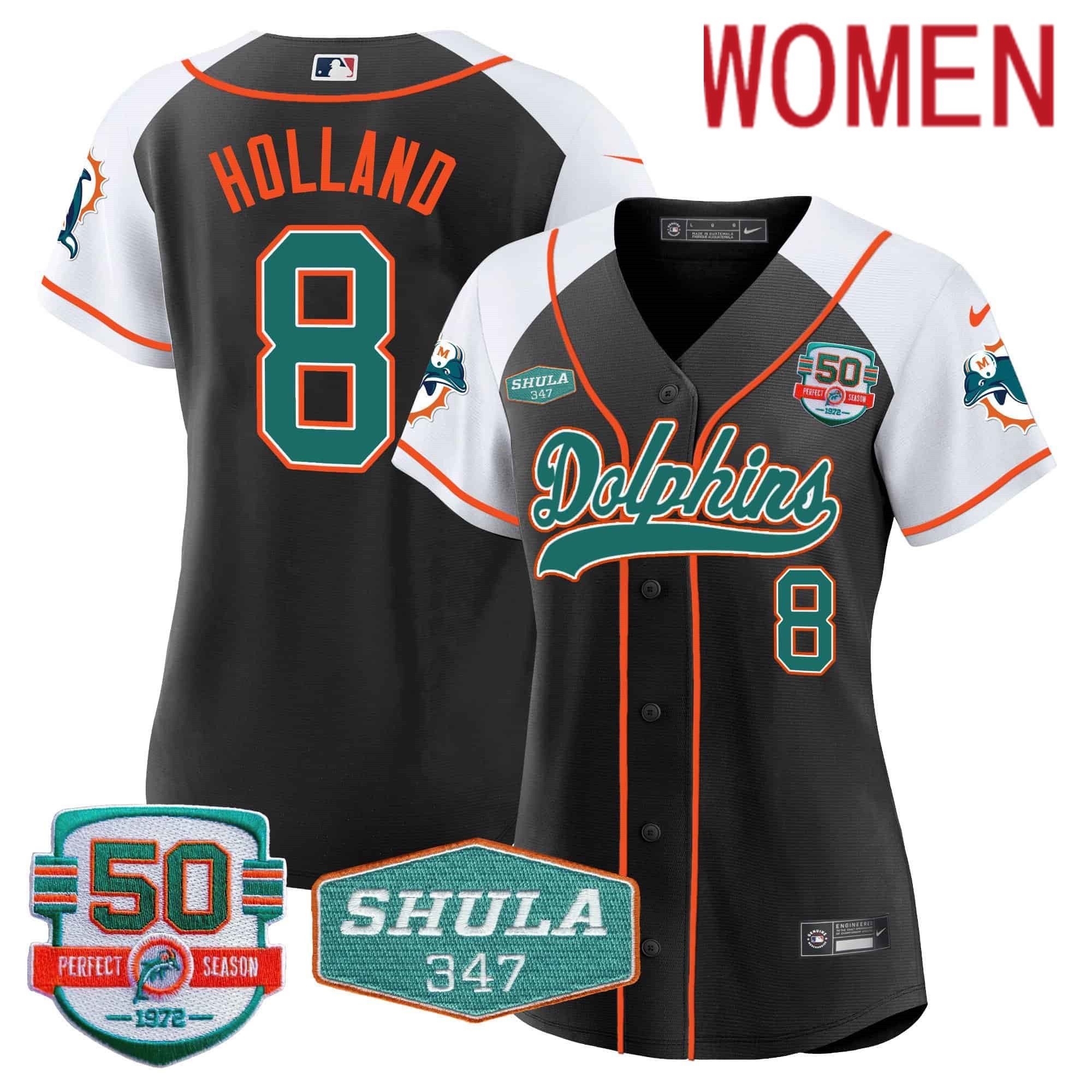 Women Miami Dolphins #8 Holland Black 2024 Nike 50th Don Shula Memorial Patch Baseball NFL Jersey